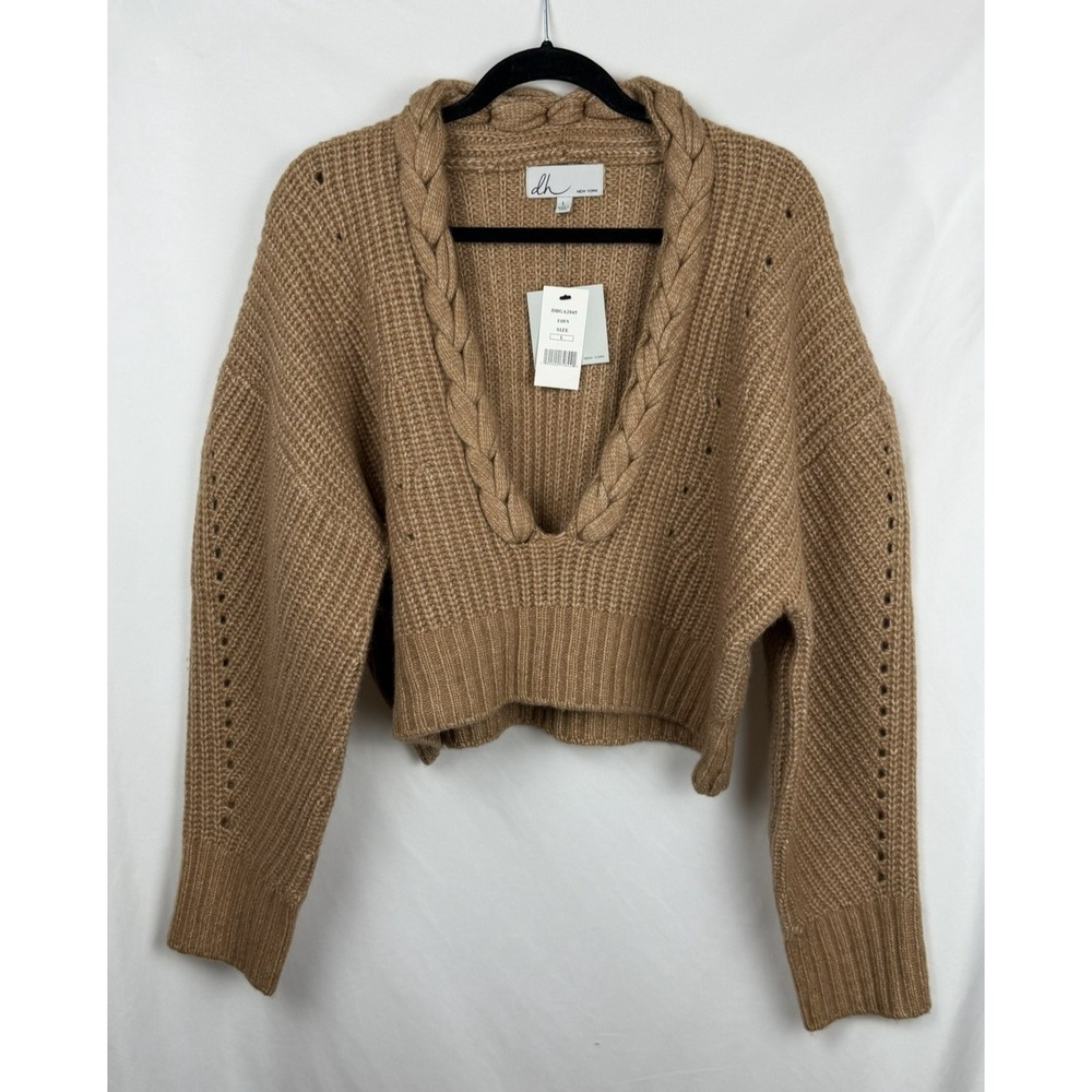 DH New York Wool Cashmere Braided Cable Knit Cropped Sweater Fawn Tan Large NWT